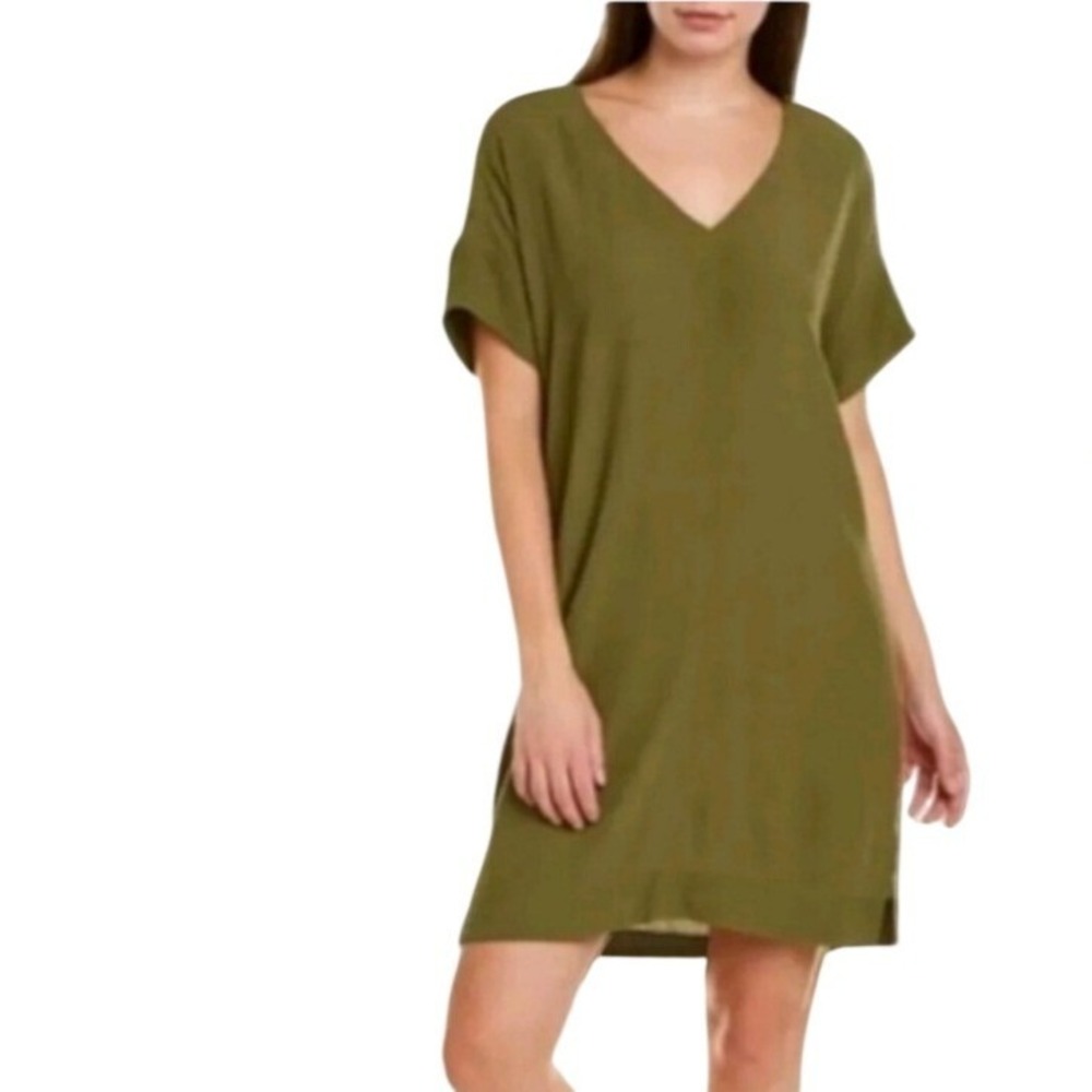 Madewell Womens XS Olive Green V-Neck Short Sleeve Shift Dress‎ Viscose Crepe